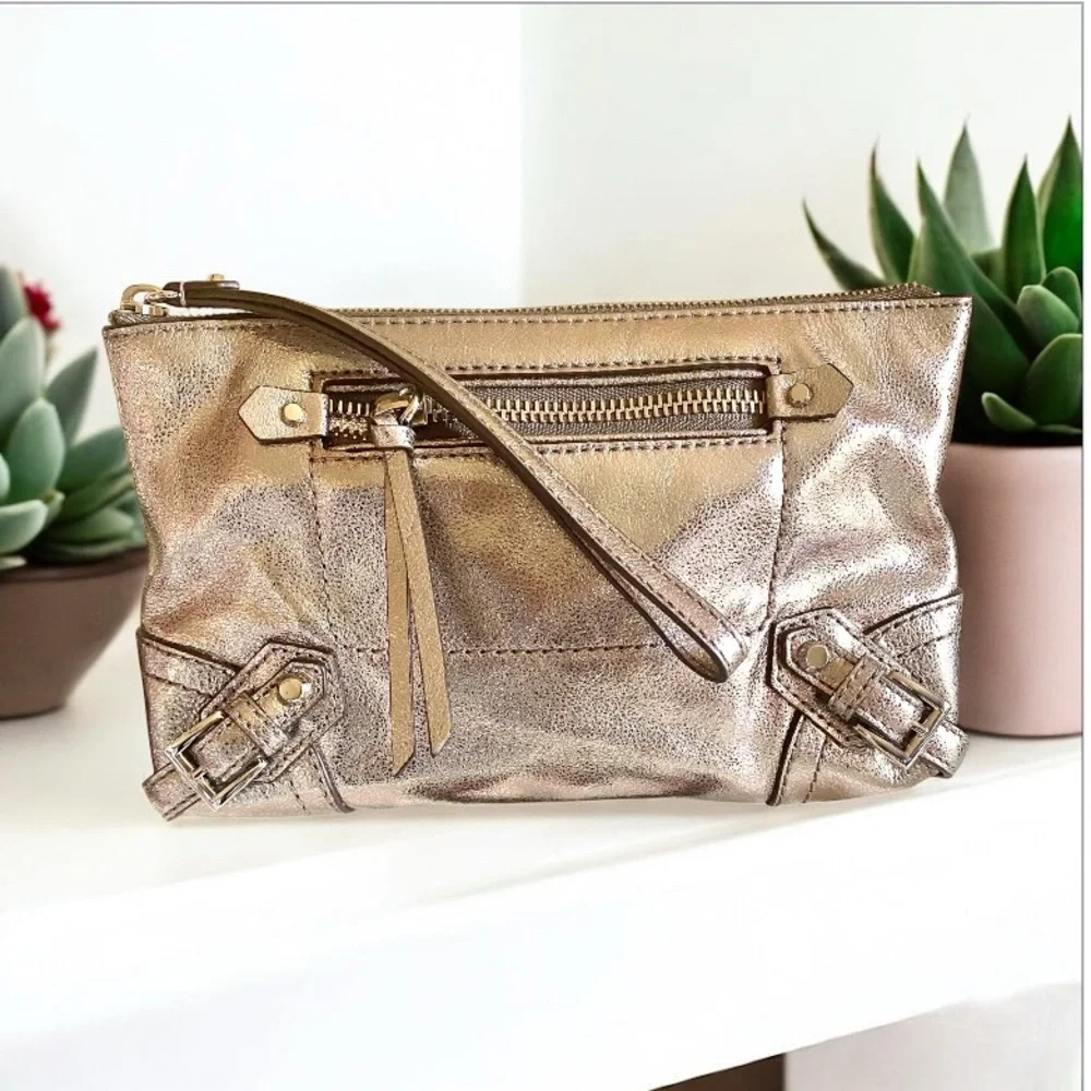 Michael Kors Fallon Metallic gray leather Wristlet Clutch with dust bag NWOT